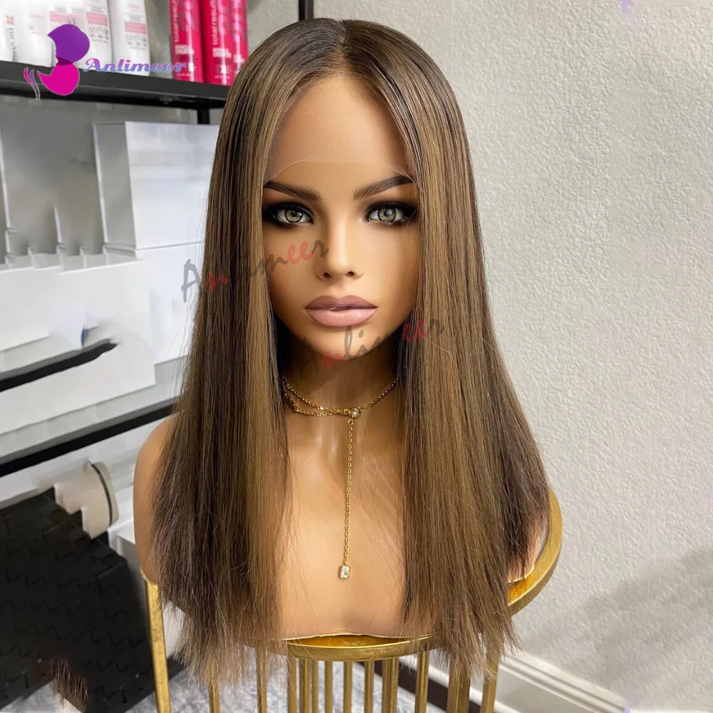 Highlight Brown Silk Base Wig Human Hair Glueless Human Hair Wigs With Brown Roots 200 Density Lace Front Wigs Short Bob Wigs Sweet T 52