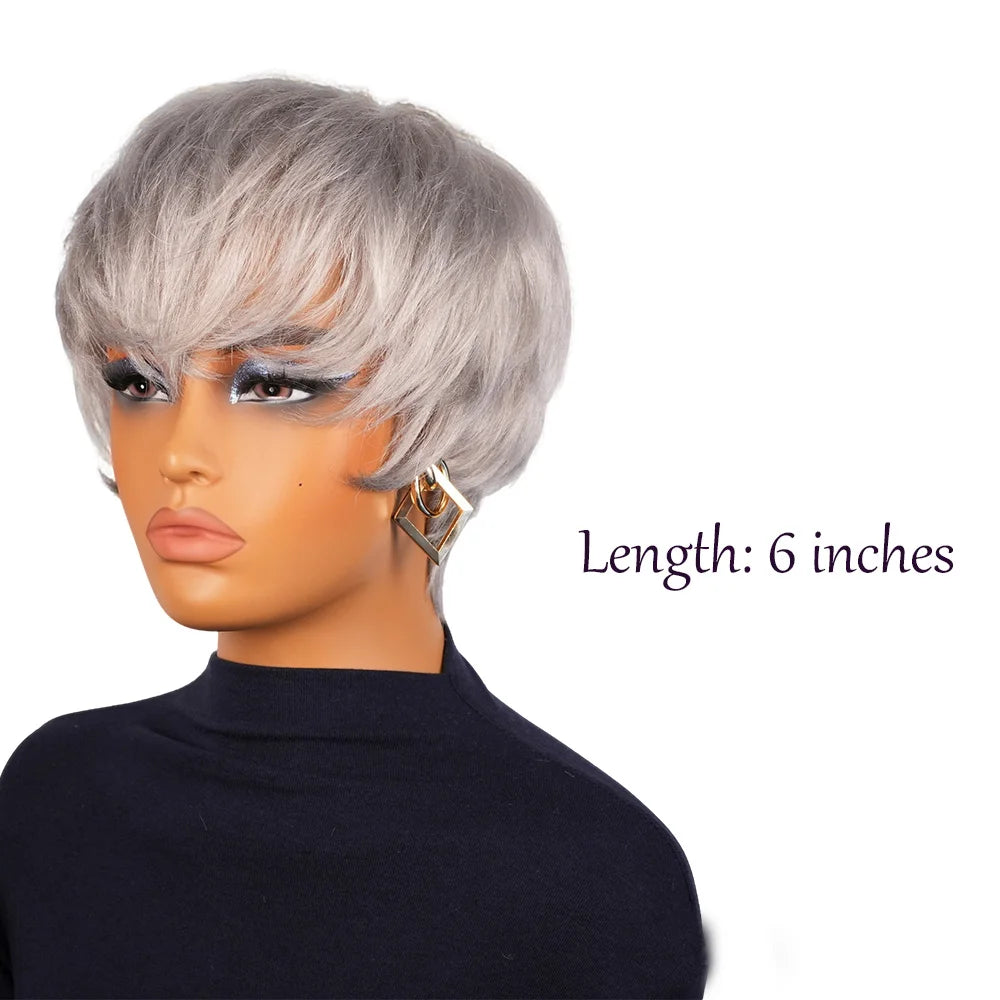 Silvery grey Human Hair Wigs With Bangs - Sliver Grey Straight Pixie Cut Wig for Women