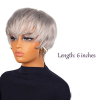 Silvery grey Human Hair Wigs With Bangs - Sliver Grey Straight Pixie Cut Wig for Women