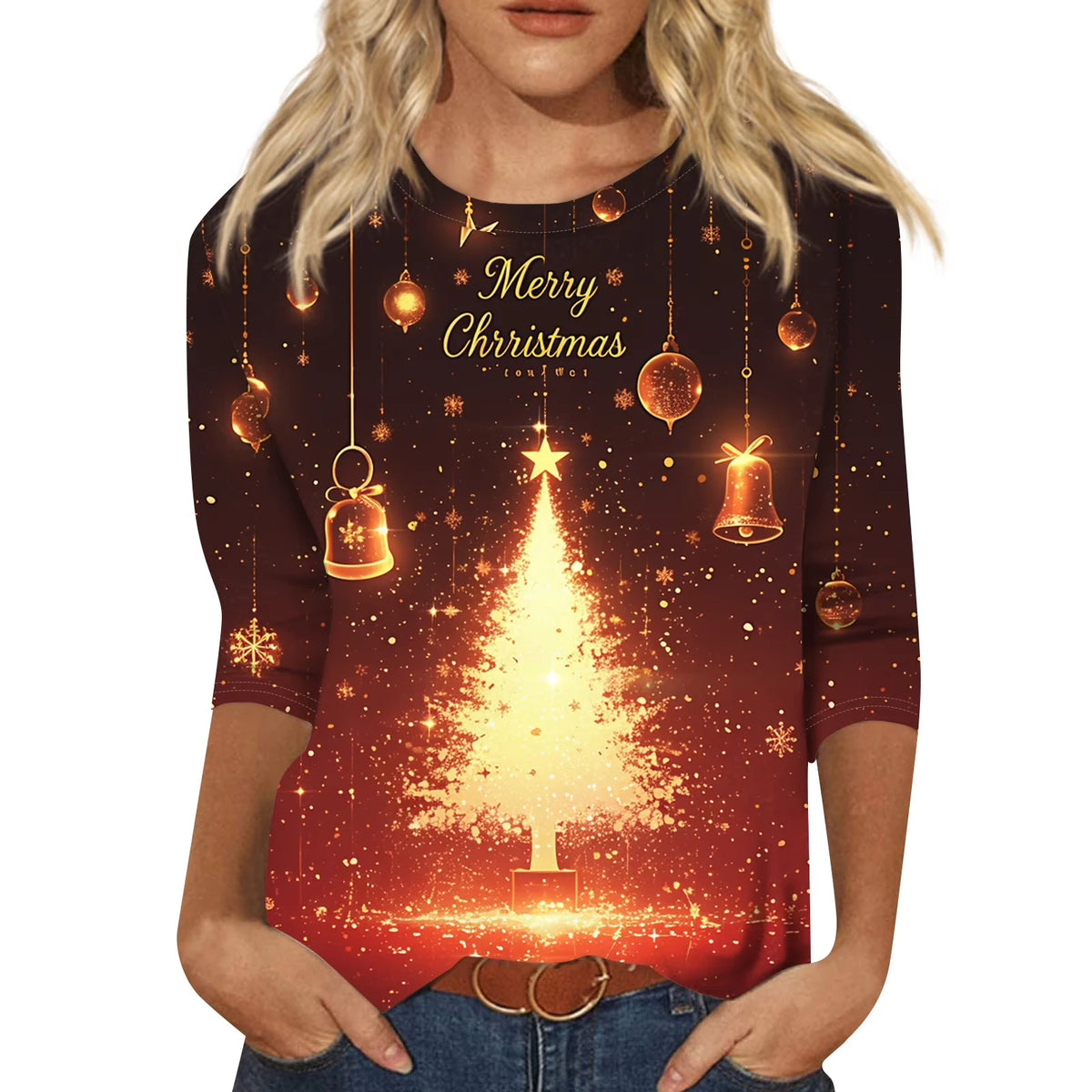 Christmas Limited Edition Women's 3D Red Snowflake Print Round Neck Long Sleeve T-shirt Fashion Casual Long Sleeve Top