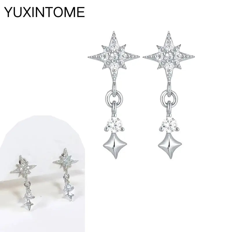 925 Silver Needle Star Hoop Earrings for Women - Five-pointed Star and Moon Pendant Huggie Earrings