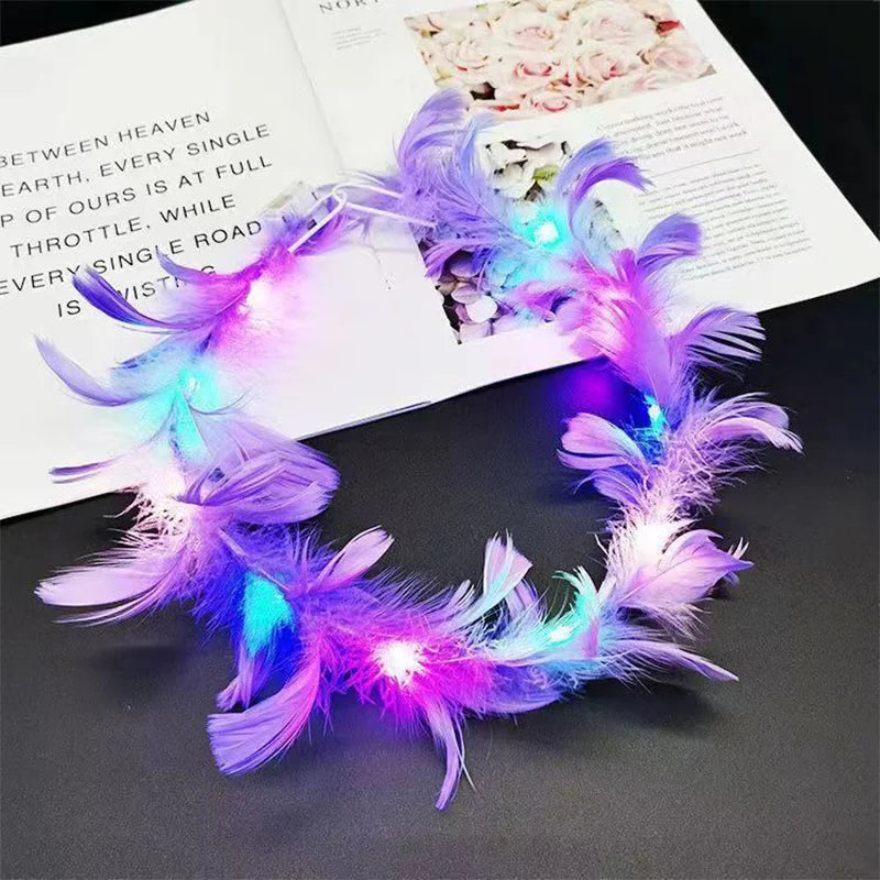 LED Light-Up Angel Headband - 10 LEDs Feather Wreath/Crown Headband, Luminous Headdress For Women Girls