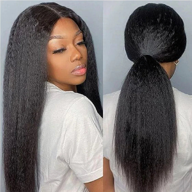 Kinky Straight Yaki Lace Frontal Human Hair Wigs, Glueless Wigs, Easy To Wear, Brazilian