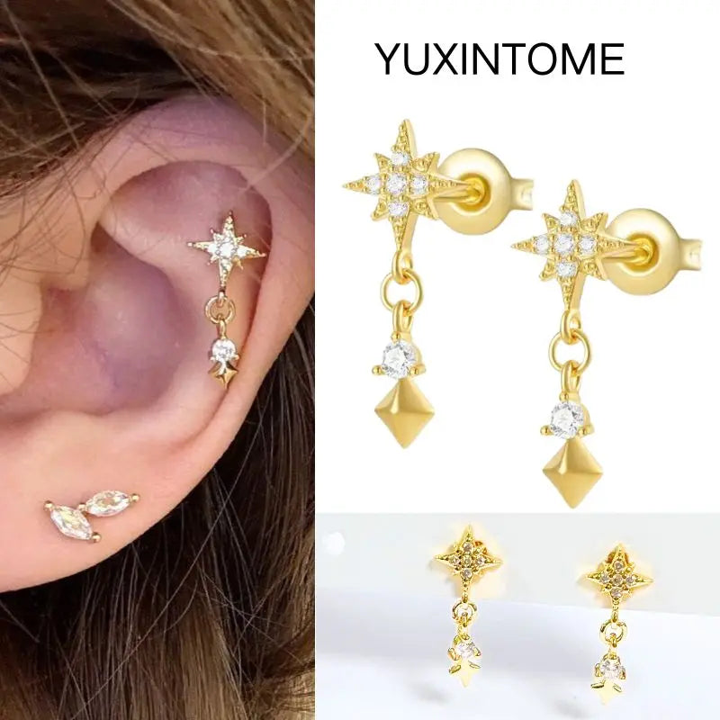 925 Silver Needle Star Hoop Earrings for Women - Five-pointed Star and Moon Pendant Huggie Earrings