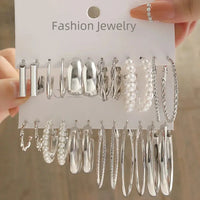 12 Pair Vintage Silver/Gold Color/Pearl Earrings for Women. Geometric/Round Circle/Square/Hoop Earring Set - SWEET T 52