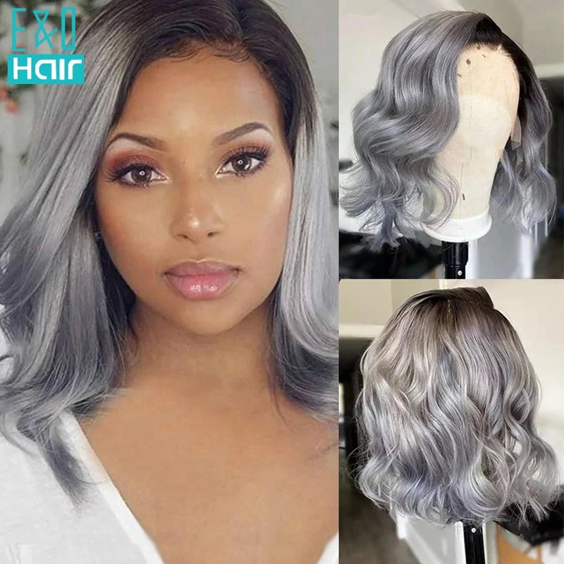 Salt & Pepper Short Bob Lace Front Wigs - Human Hair For Women, Ombre Colored, Wavy, Transparent Lace T Part Wigs, Pre-Plucked