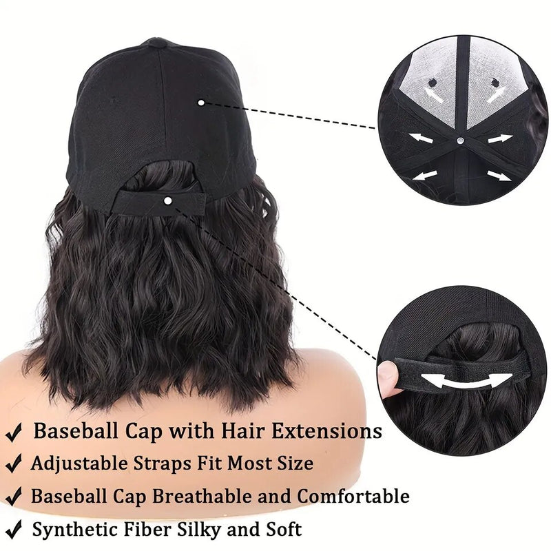 Long Synthetic Fluffy Curly Wavy Hair Wigs With Baseball Cap Naturally Connect - Adjustable Hat/Wig For Women & Girls