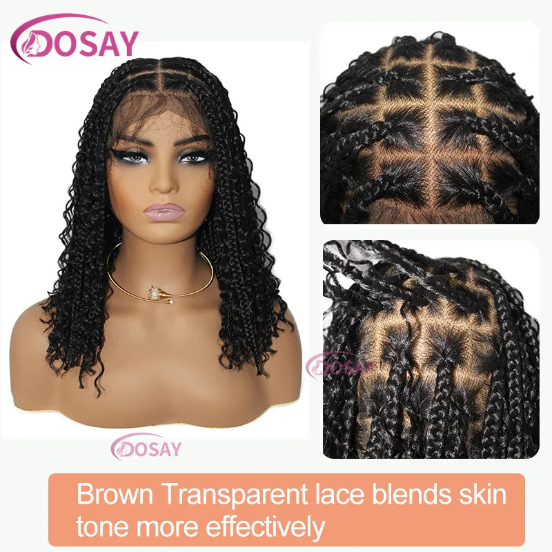 Synthetic Curly Wigs for Women, Short Bob, 360 Full Lace Braided Wigs, 12 Inch Boho Knotless Braided Wigs, Pre-Plucked Baby Hair