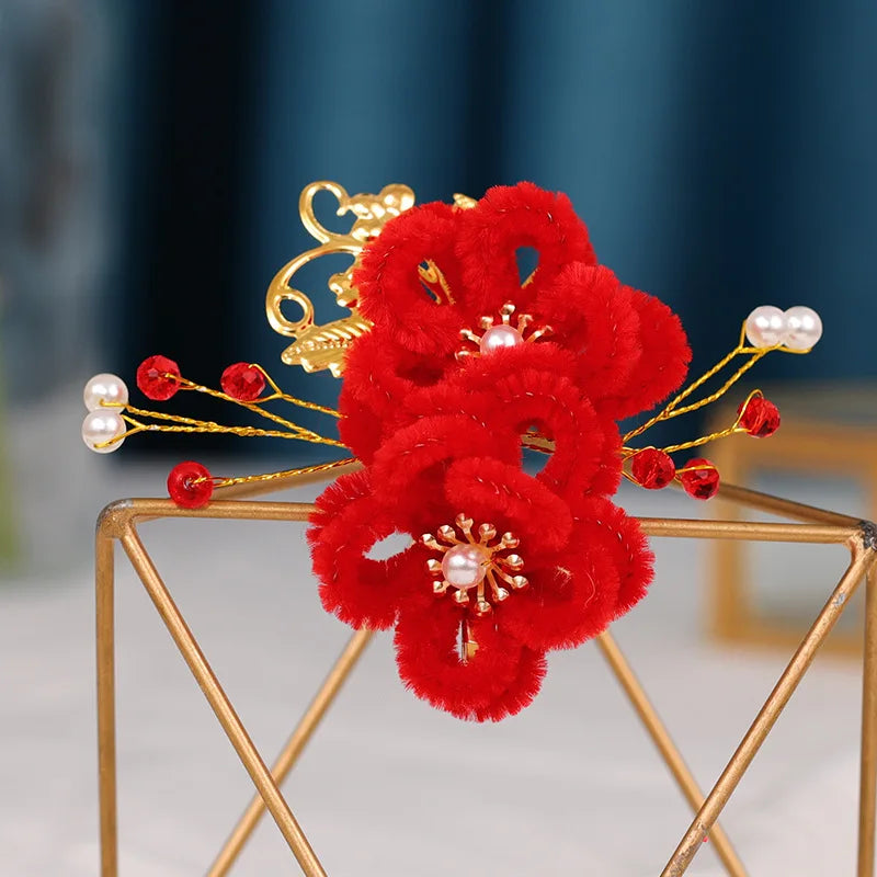 Red Hairpins/Bride Hair Clips - Vintage Chinese Wedding Hair Accessories for Women and Girls
