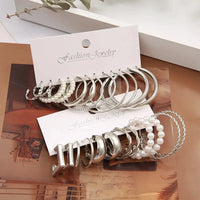 12 Pair Vintage Silver/Gold Color/Pearl Earrings for Women. Geometric/Round Circle/Square/Hoop Earring Set - SWEET T 52