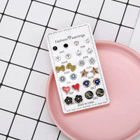 12 Pair/Set Rhinestones - Flower, Bowknot, Star, Heart Stud Earrings for Women/Men. Simple Earrings Jewelry