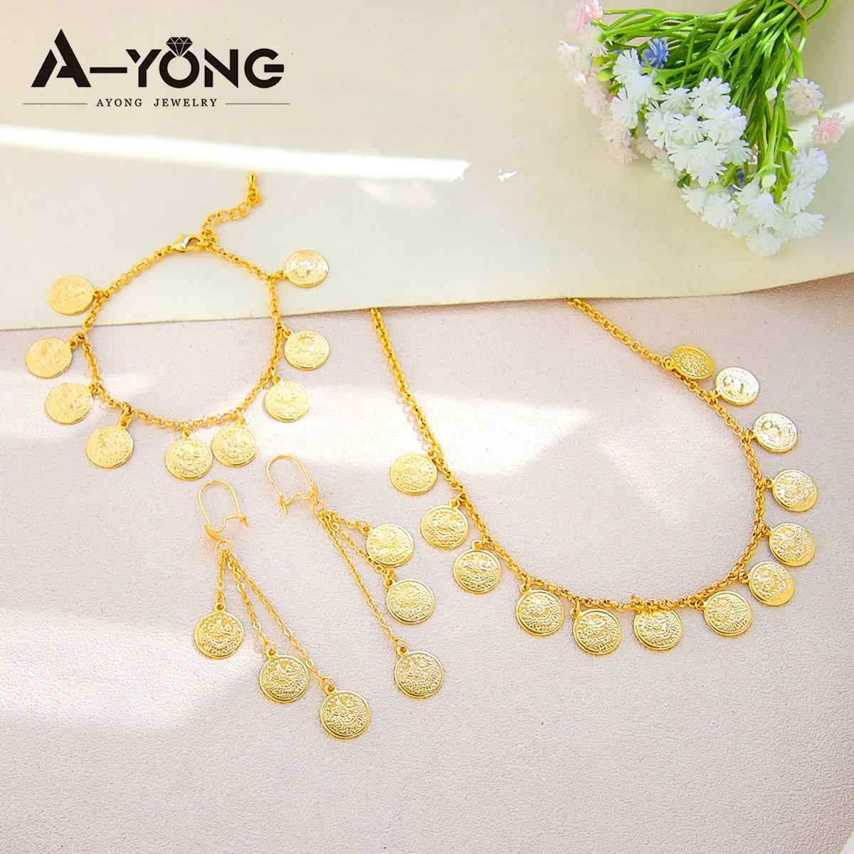 Luxury Arabic Gold Color Coins Necklace Set 21k Gold Plated Turkish Coin Chains Islamic Muslim Women Wedding Party Jewelry Sweet T 52