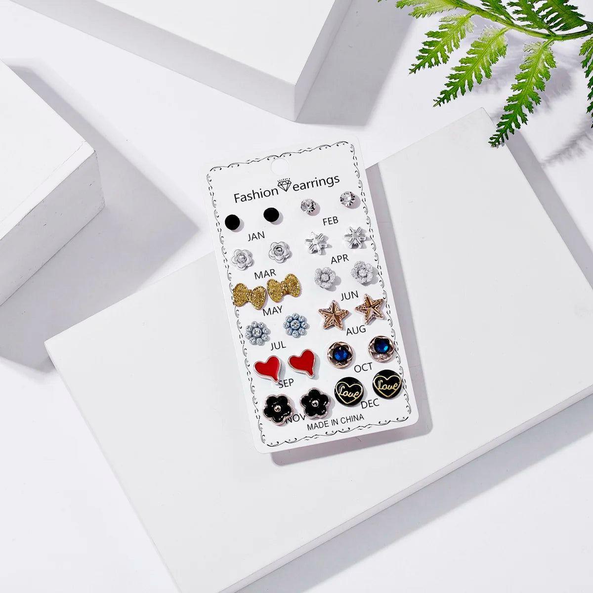 12 Pair/Set Rhinestones - Flower, Bowknot, Star, Heart Stud Earrings for Women/Men. Simple Earrings Jewelry