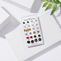 12 Pair/Set Rhinestones - Flower, Bowknot, Star, Heart Stud Earrings for Women/Men. Simple Earrings Jewelry