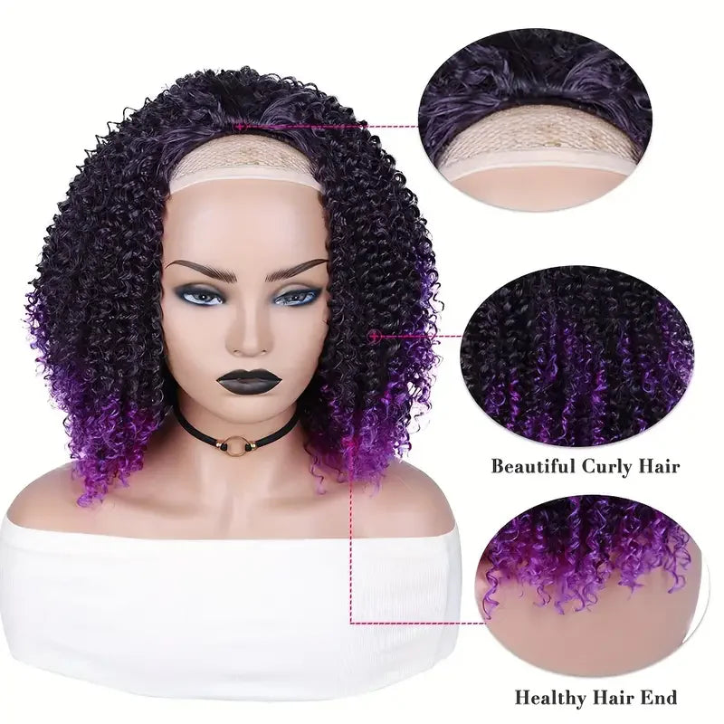 3/4 - Half Wigs, Short Synthetic Afro Curly Wigs, Purple Wigs for Women & Girls , Kinky Curly Bob