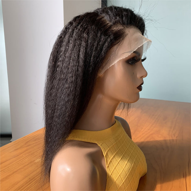 13x4 Lace Frontal Wig for Women and Girls, Pre Plucked Yaki Brazilian Remy Kinky Straight Human Hair Wigs, Glueless