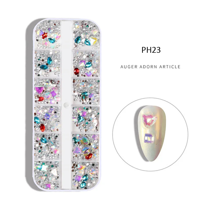 12Gird Box Multi Size AB/Colorful Non-Hotfix Rhinestones Flatback Crystal Diamond Gems 3D Glitter Nail Art Luxurious Decorations SWEET T 52