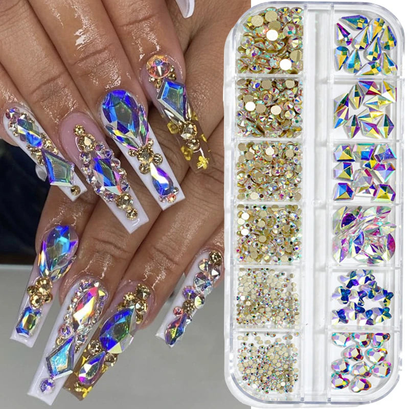 12Gird Box Multi Size AB/Colorful Non-Hotfix Rhinestones Flatback Crystal Diamond Gems 3D Glitter Nail Art Luxurious Decorations SWEET T 52