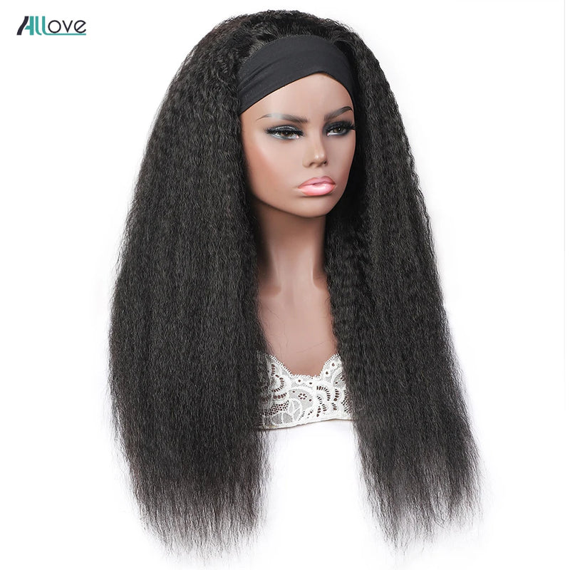 Kinky Straight Headband Glueless Wigs, Full Machine Made Wigs, 180/250% Density, Brazilian Remy Human Hair Scarf Wigs For Women-hair accessories-SWEET T 52