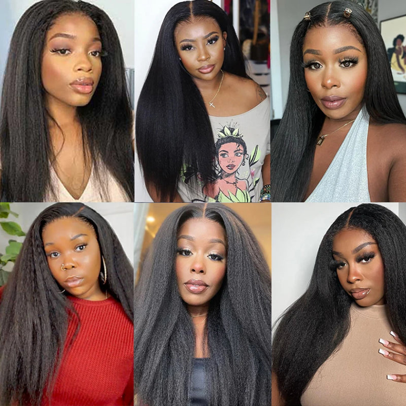 Kinky Straight Yaki Lace Frontal Human Hair Wigs, Glueless Wigs, Easy To Wear, Brazilian