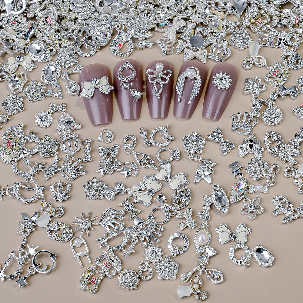 50Pcs 3D Silver Bowknot/Crown Metal Nail Charms With Tassel Pendant - Butterfly Nail Art Decorations, Mixed Shiny Manicure Supplies