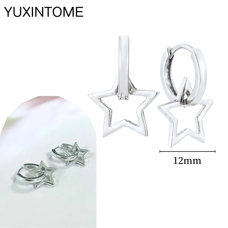 925 Silver Needle Star Hoop Earrings for Women - Five-pointed Star and Moon Pendant Huggie Earrings