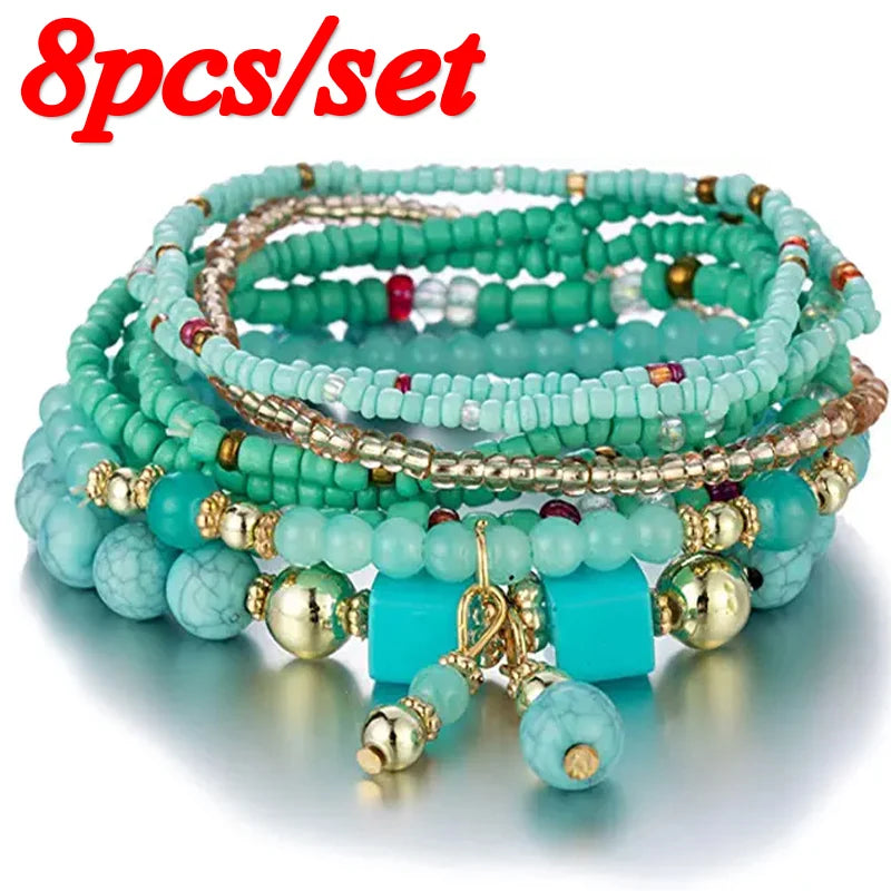 8pcs/set - Bohemian Handmade Bead Bracelet Sets for Women & Girls. Colorful Summer Bead Chain Bracelet/Bangle-Bracelet-SWEET T 52