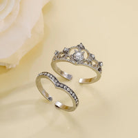 Crystal Crown Ring Set, 2 Pieces, Stainless Steel