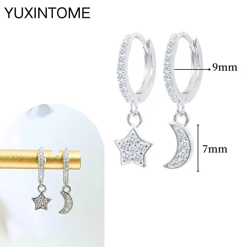 925 Silver Needle Star Hoop Earrings for Women - Five-pointed Star and Moon Pendant Huggie Earrings
