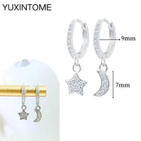 925 Silver Needle Star Hoop Earrings for Women - Five-pointed Star and Moon Pendant Huggie Earrings