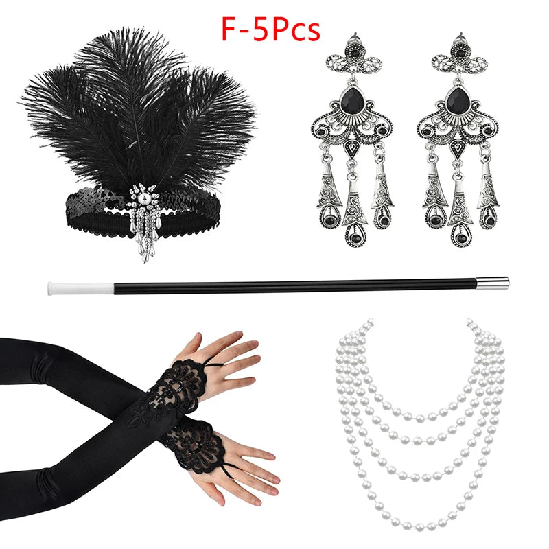 1set 1920's Cosplay Flapper Halloween Charleston Costume 1920s Gatsby Accessories Black Headpiece Great Gatsby Feather Headband Sweet T 52