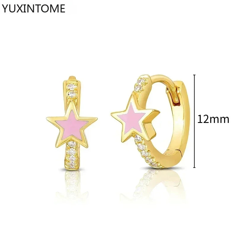 925 Silver Needle Star Hoop Earrings for Women - Five-pointed Star and Moon Pendant Huggie Earrings