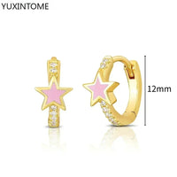 925 Silver Needle Star Hoop Earrings for Women - Five-pointed Star and Moon Pendant Huggie Earrings
