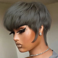 Grey Color Style Human Hair Wig Short Straight Layered Hair Wigs For Women Machine Made Wig For Party And Daily Use Sweet T 52