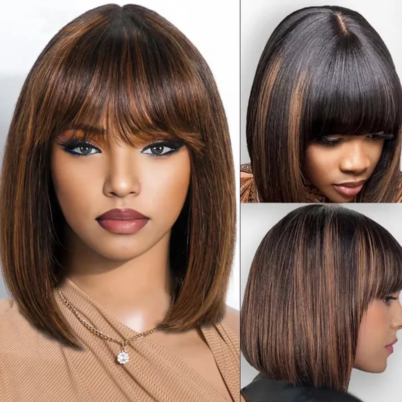 12 Inch 1b/30 Highlight 2x1 Glueless Wigs With Bangs 250 Density Straight Human Hair Short Bob Wig Brazilian Raw Hair For Women Sweet T 52