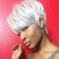 Silvery grey Human Hair Wigs With Bangs - Sliver Grey Straight Pixie Cut Wig for Women