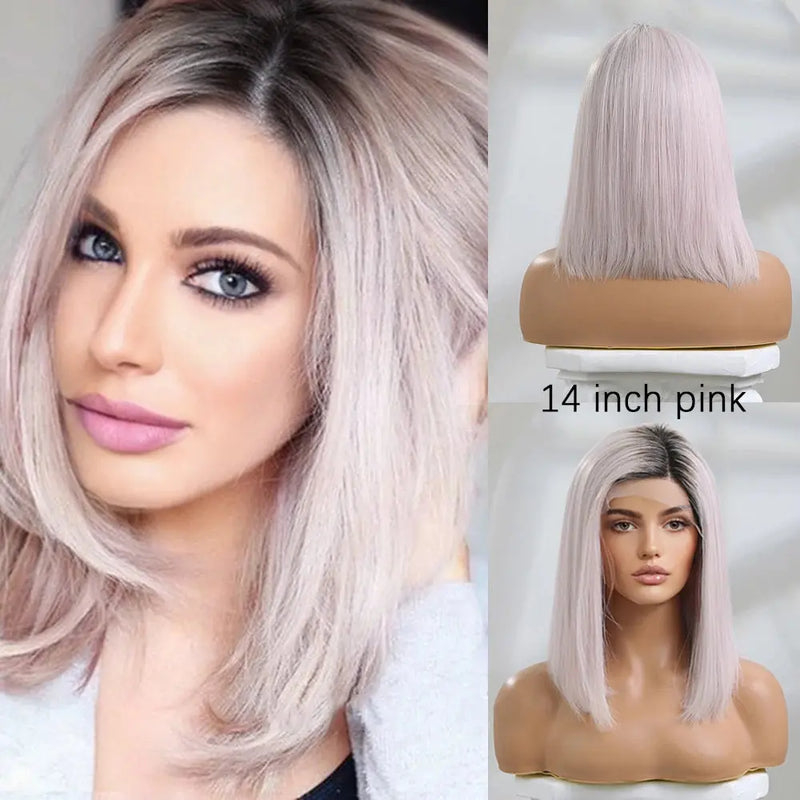 Human Hair 13x1 Lace Front Wig for Women & Girls, Shoulder Length Bob {Straight} with Highlights - Heat Resistant