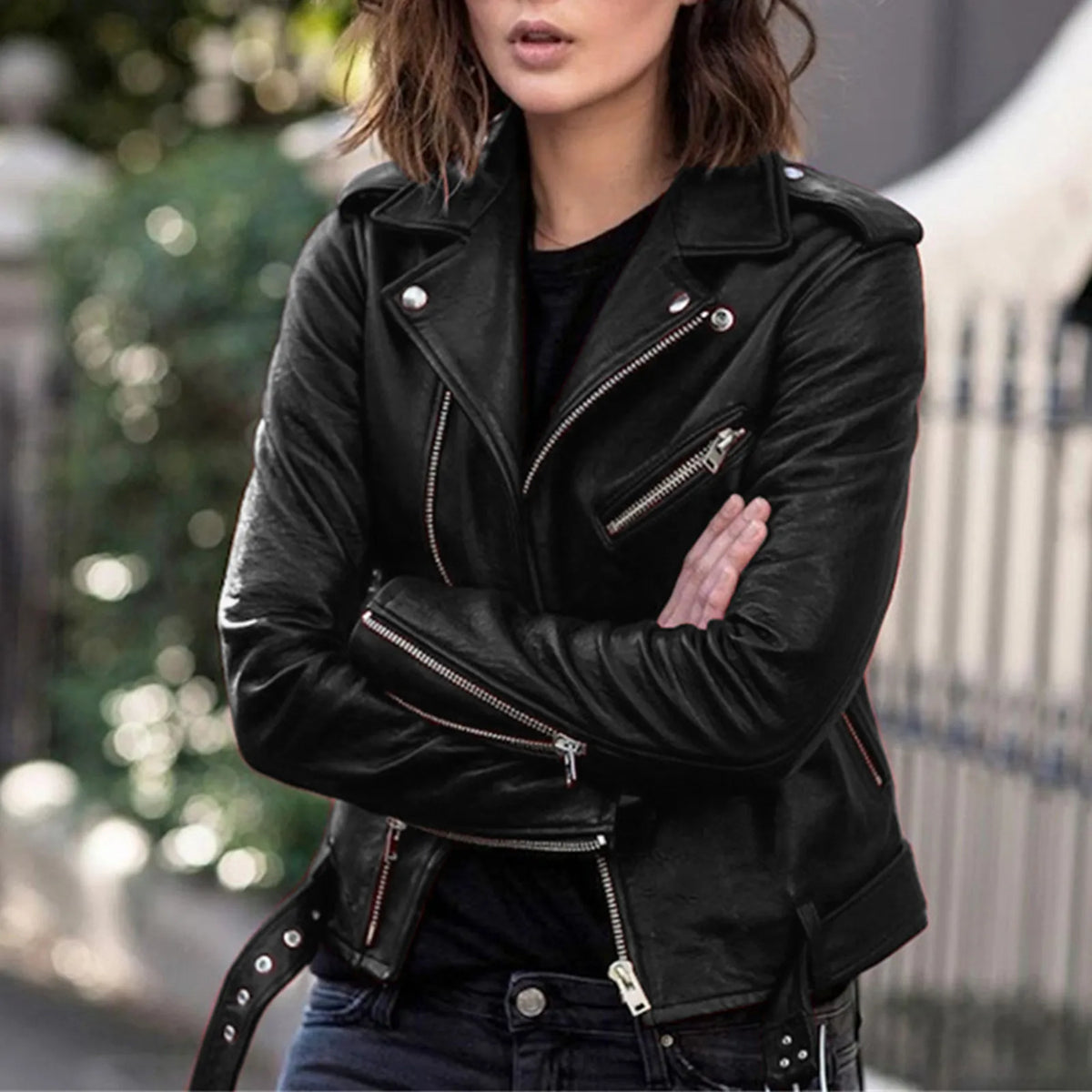 Women's Belted Faux Leather Moto Jacket, S to 3XL