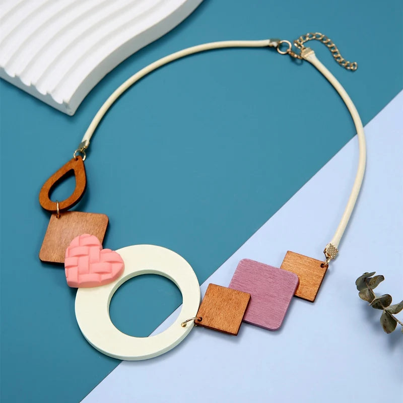 Geometric Wooden Pendant, Ethnic Statement, Bib Necklace for Women & Girls - Handmade Maxi Necklaces/Vintage Jewelry