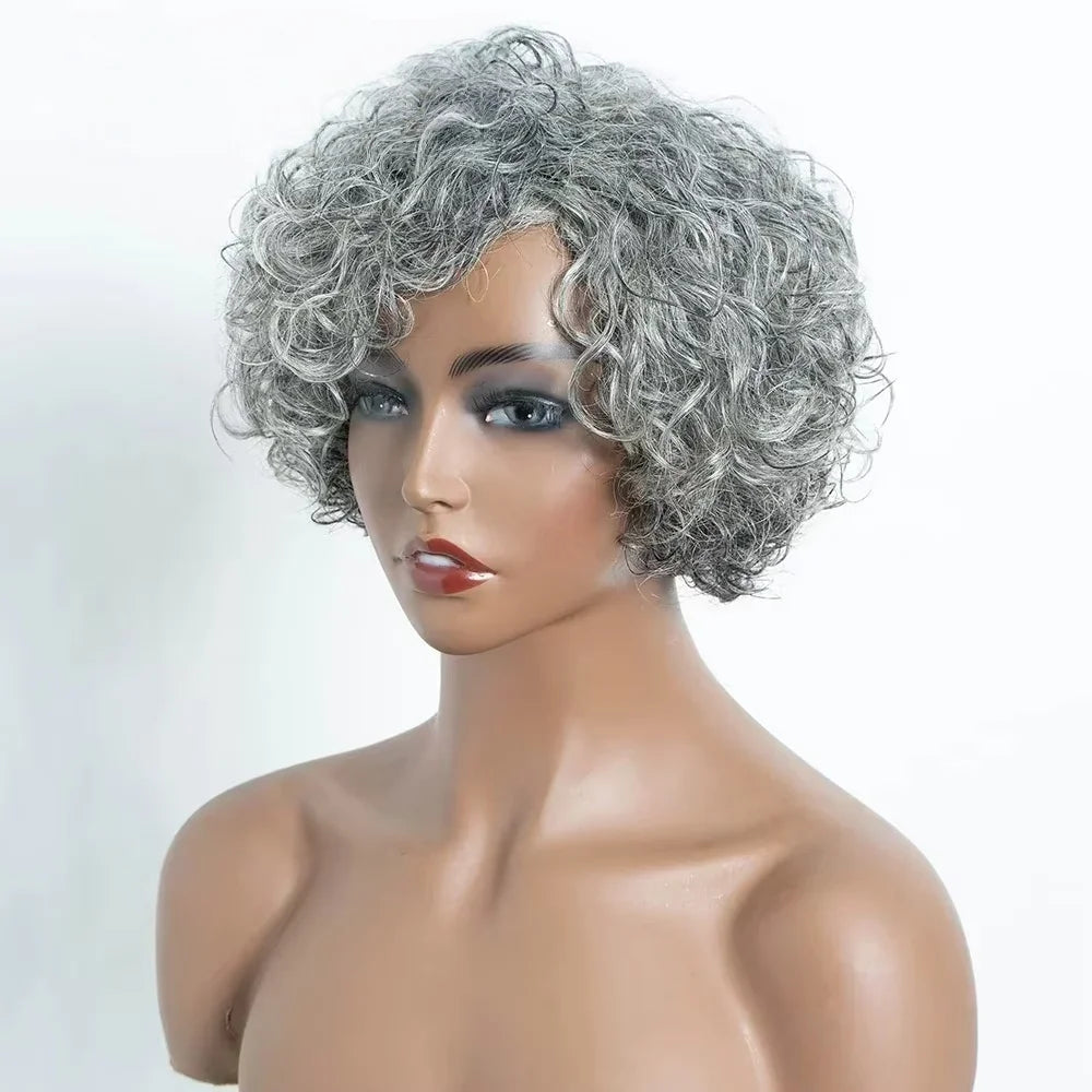 Brazilian Curly Short Grey Wavy Bob Wigs - Natural Remy 100% Human Hair Wig s - Silver Gray Wigs for Women, Deep Wave Frontal Wigs