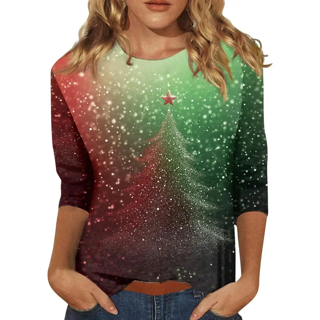 Christmas Limited Edition Women's 3D Red Snowflake Print Round Neck Long Sleeve T-shirt Fashion Casual Long Sleeve Top