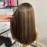 Highlight Brown Silk Base Wig Human Hair Glueless Human Hair Wigs With Brown Roots 200 Density Lace Front Wigs Short Bob Wigs Sweet T 52