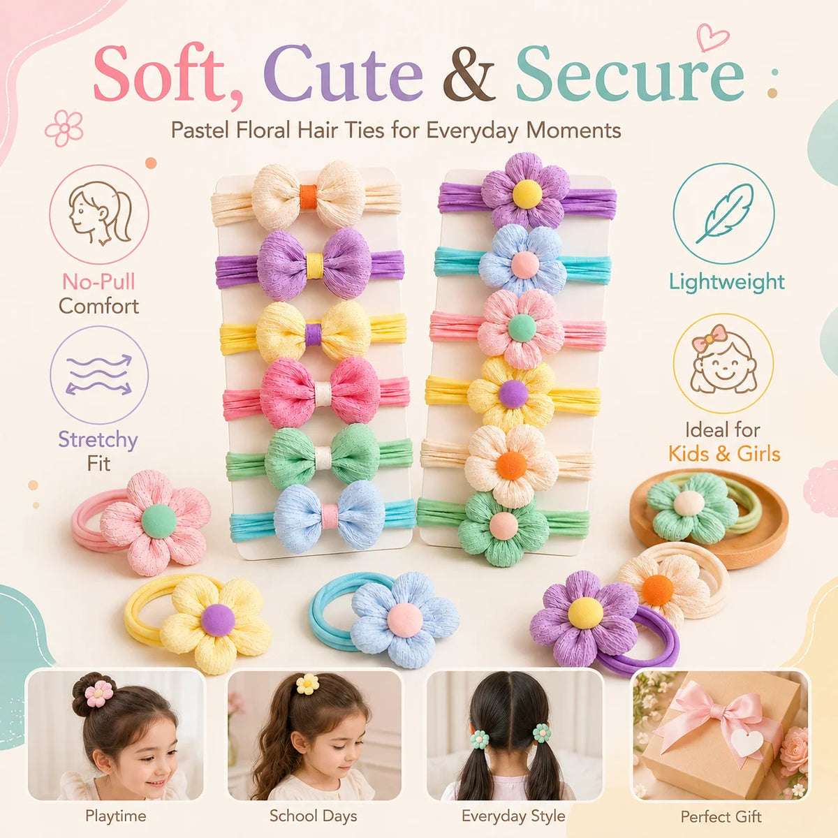 Flower Bow Hair Ties for Girls, 12 Pack