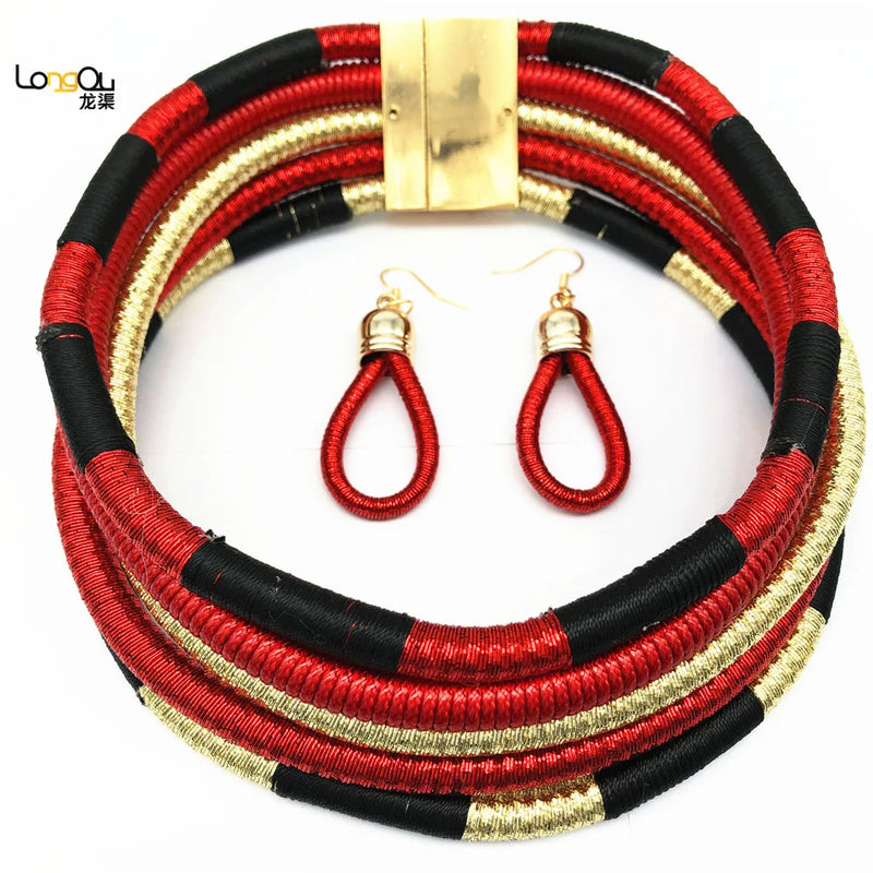 Multi-layer Woven African Beads Choker Necklace & Earring Sets for Women and Girls-Necklace-SWEET T 52