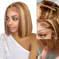Ombre Straight Bob 13x6X2 Lace Front Wigs. Human Hair Short Bob Wigs, Ash Blonde Remy Hair, Pre-Plucked, Glueless Wig.