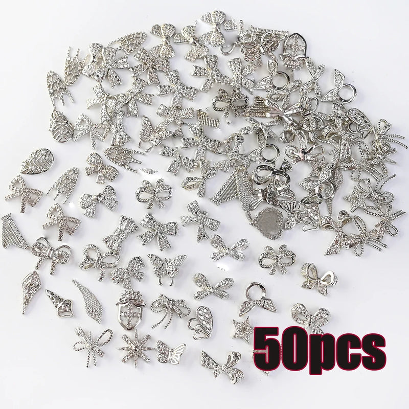 1 Bag Random Luxury Nail Art Dangle Jewelry, Mixed Style Nail Charms, Rhinestones 3D, 50 Pieces