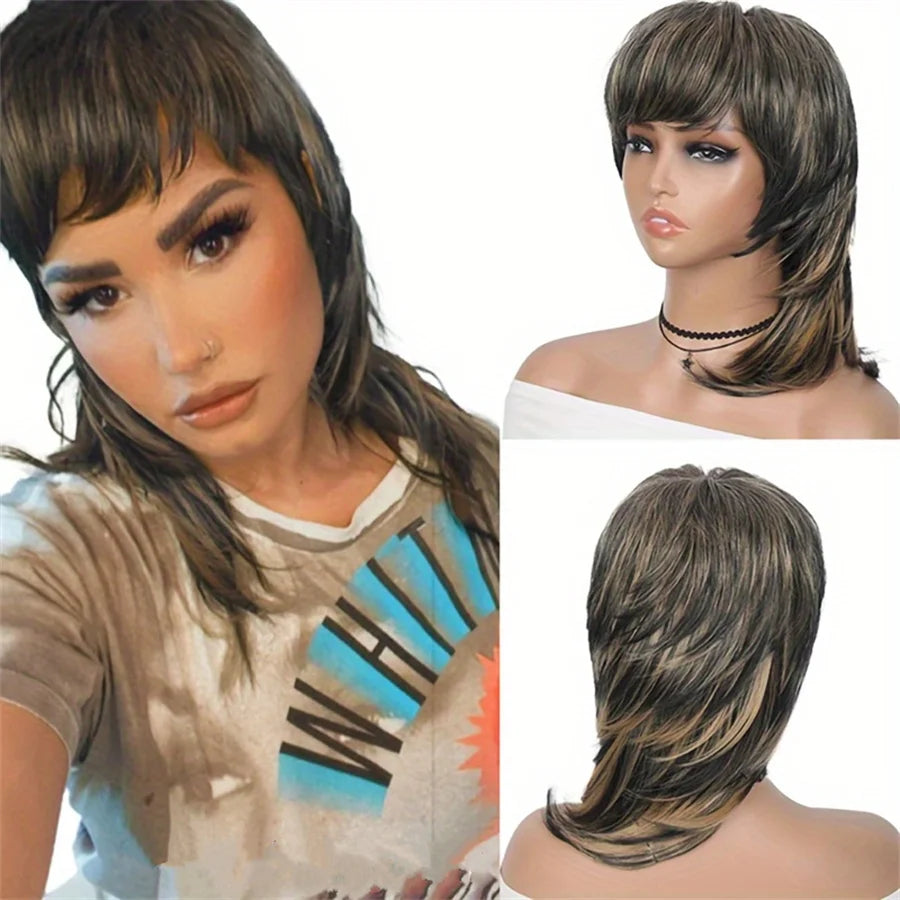 Mullet Wig - 12 Inch Short Straight Layered Highlights, 1b27, for Women. Remy Hair, 150% density, pixie cut human hair wig