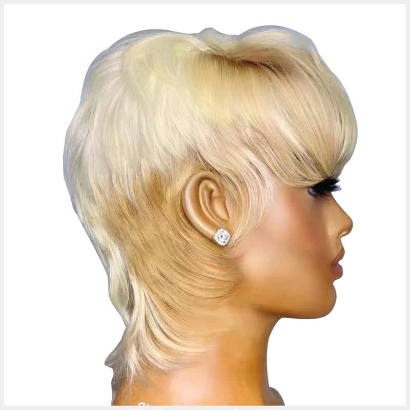 613 Blonde Human Hair Mullet Wig, Brazilian Remy Straight Hair Wig with Bangs for Women & Girls