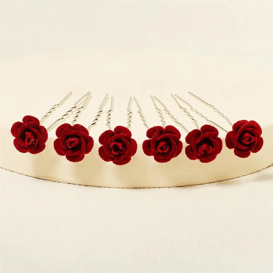 6 pcs/lot Red Rose Wedding/Bridal Hairpins, Flower Hair Accessories for Women, Bridal Headpiece, Floral Hair Pins-hair accessories-SWEET T 52