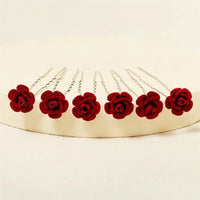 6 pcs/lot Red Rose Wedding/Bridal Hairpins, Flower Hair Accessories for Women, Bridal Headpiece, Floral Hair Pins-hair accessories-SWEET T 52